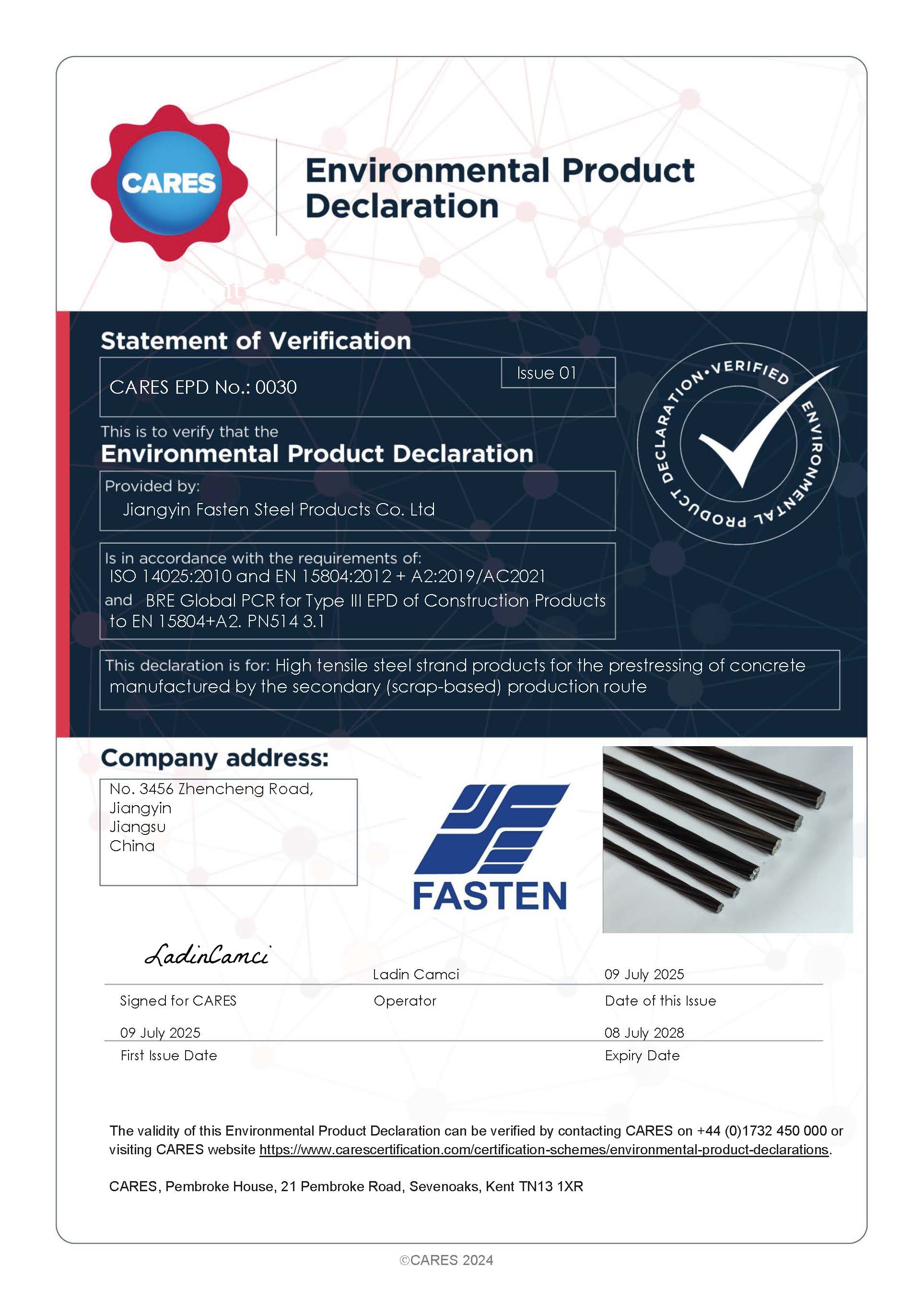 Jiangyin Fasten Steel Products Co., Ltd. EPD